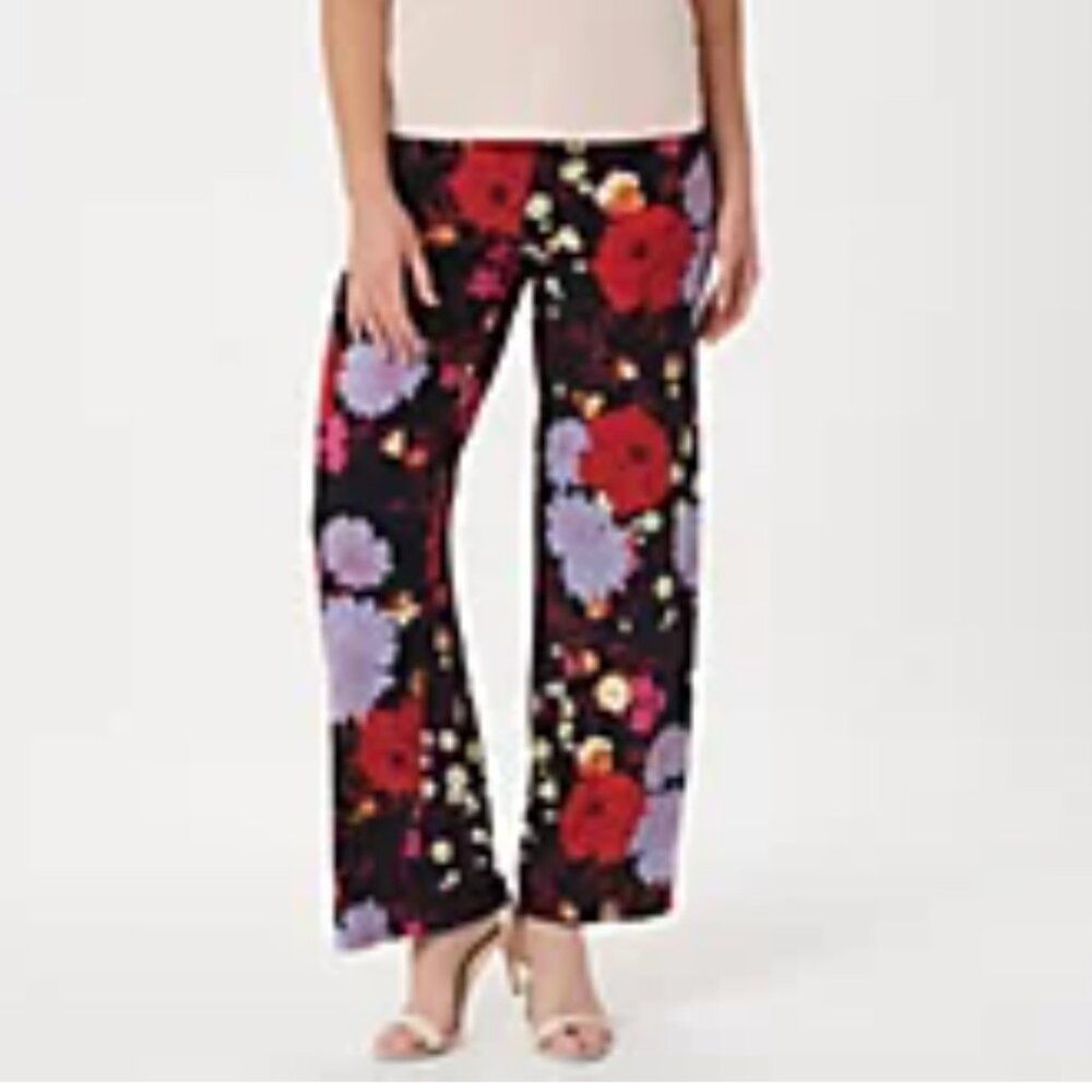 Women's Size Large Petite Susan Graver Liquid Knit Black Printed Pants